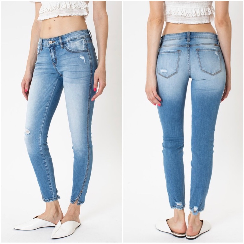 Kancan Medium Wash Distressed ankle split Skinny Denim Jeans - Picture 3 of 3